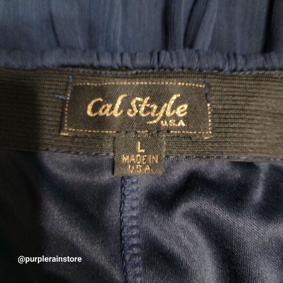 Vtg Cal Style Chiffon Accordion Pleated Maxi Skirt L Navy Stretch Waist 90's - Picture 3 of 7